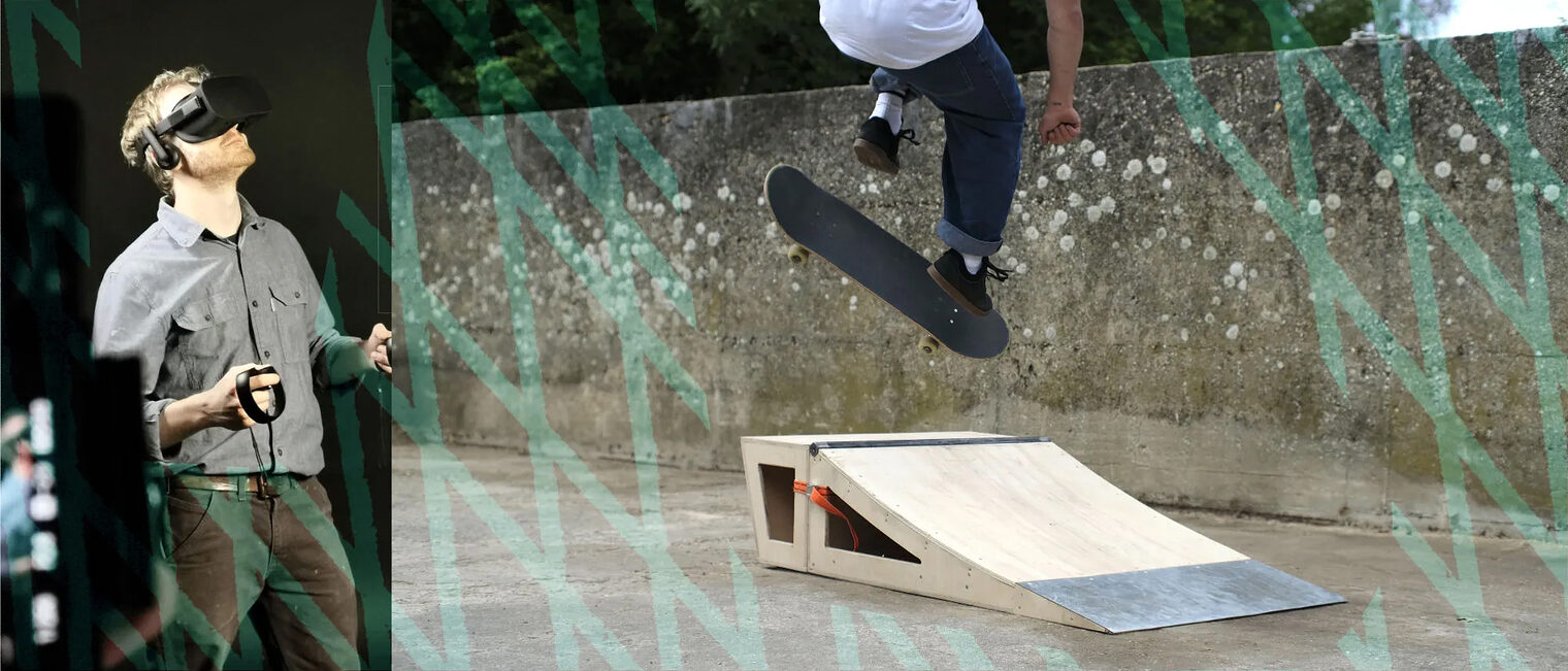 Mann mit VR-Brille schaut nach oben